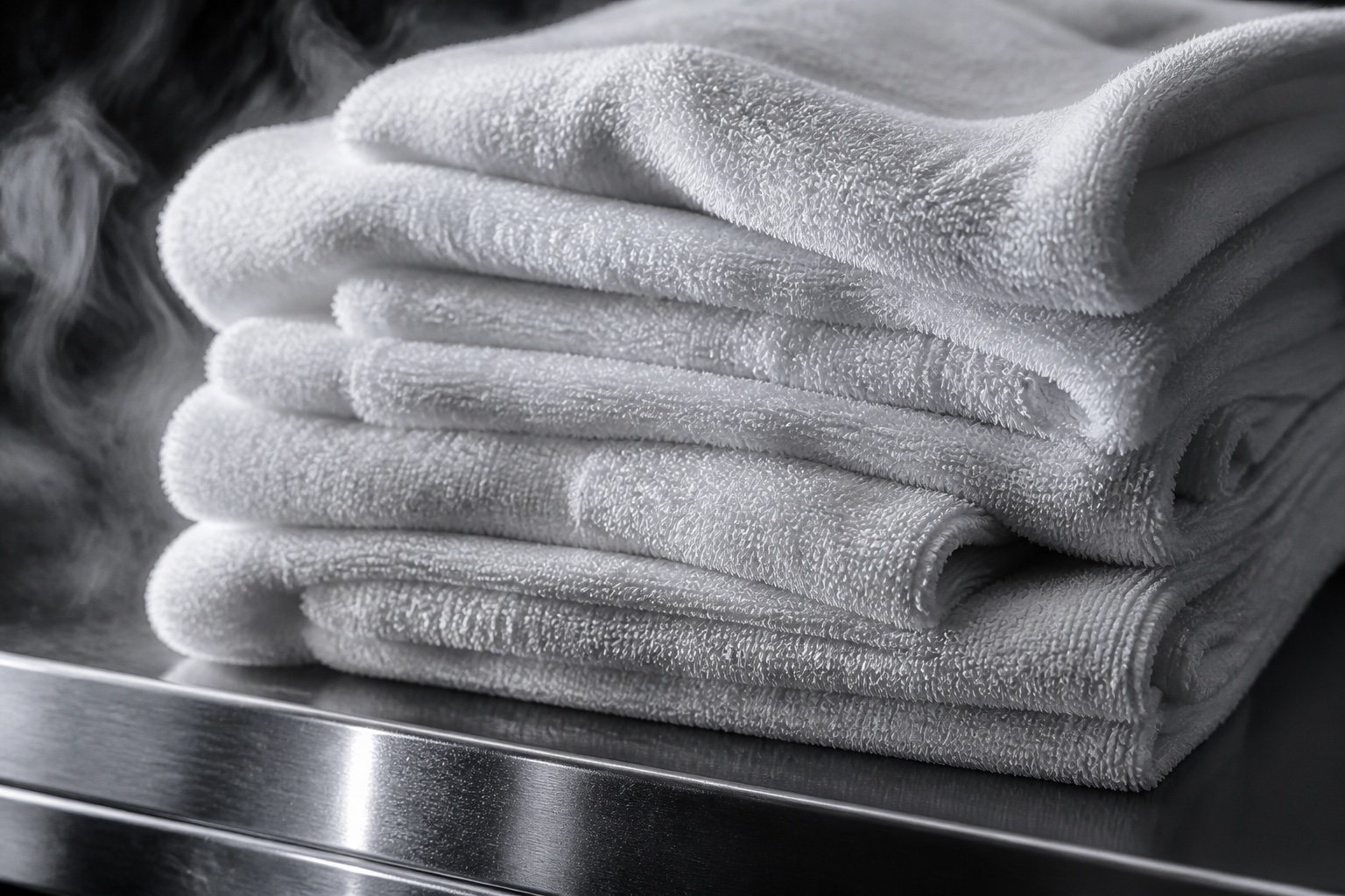 Stacked white towel folds on brushed metal